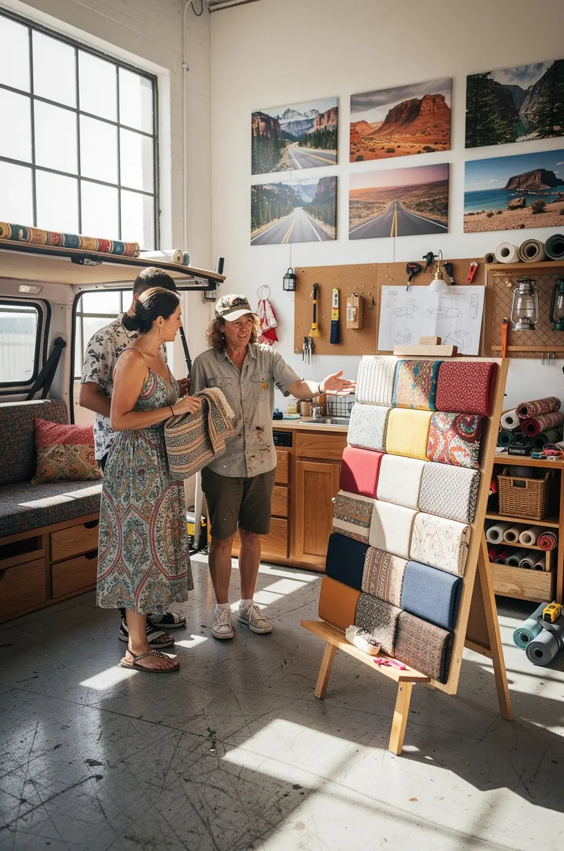 Группа туристов изучает варианты организации пространства внутри арендованного кемпера